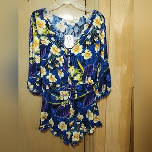 New California Gypsy Romper  Boho Blue Floral Ruffles Cinch Waist Womens Lrg